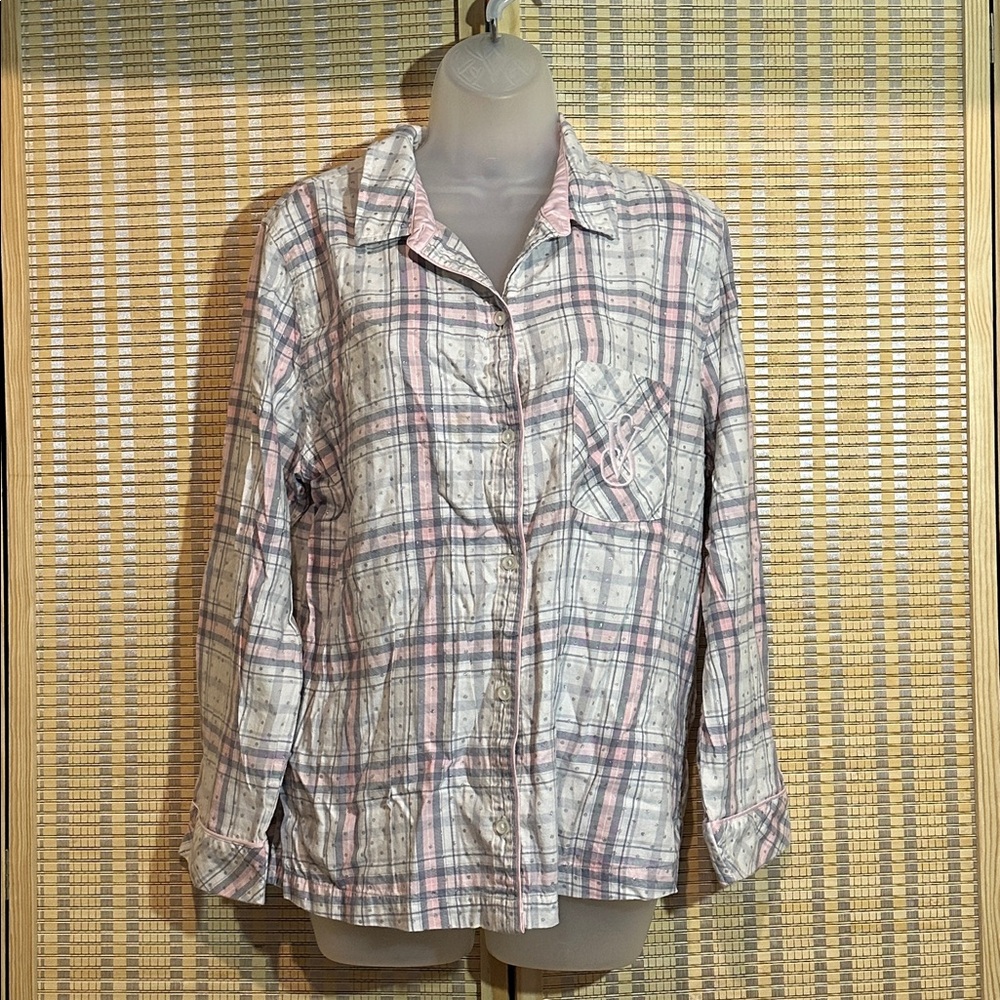 Victoria's Secret Sparkly Button Down Plaid Cotton Pajama Top Medium